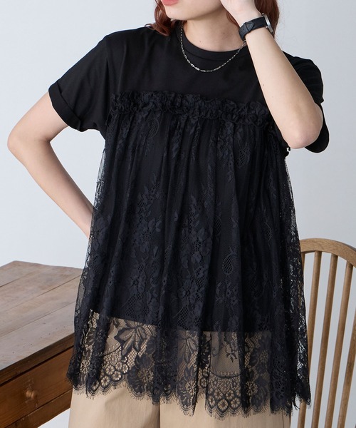 BONLECILL(ボンルシール)の「レースドッキングTEE(Tシャツ/カットソー・レディース・オフホワイト/チャコールグレー/クリーム/ブラック/ネイビー・FREE)」の2枚目の写真