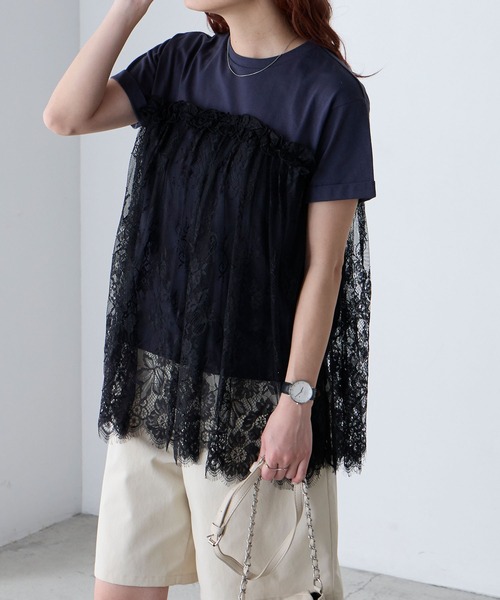 BONLECILL(ボンルシール)の「レースドッキングTEE(Tシャツ/カットソー・レディース・オフホワイト/チャコールグレー/クリーム/ブラック/ネイビー・FREE)」の9枚目の写真