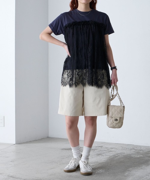 BONLECILL(ボンルシール)の「レースドッキングTEE(Tシャツ/カットソー・レディース・オフホワイト/チャコールグレー/クリーム/ブラック/ネイビー・FREE)」の13枚目の写真