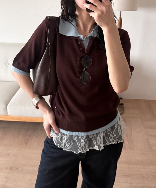 MUHET(ミュエータ)の「layered-like polo knit top / レイヤード風ポロニット(ポロシャツ・レディース・ネイビー/レッド/ブラウン/グレー・FREE)」の3枚目の写真
