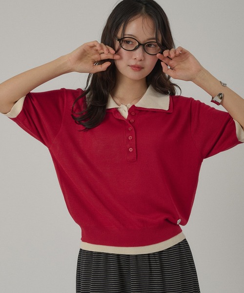 MUHET(ミュエータ)の「layered-like polo knit top / レイヤード風ポロニット(ポロシャツ・レディース・ネイビー/レッド/ブラウン/グレー・FREE)」の4枚目の写真