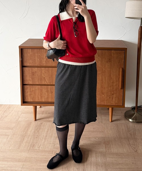 MUHET(ミュエータ)の「layered-like polo knit top / レイヤード風ポロニット(ポロシャツ・レディース・ネイビー/レッド/ブラウン/グレー・FREE)」の10枚目の写真