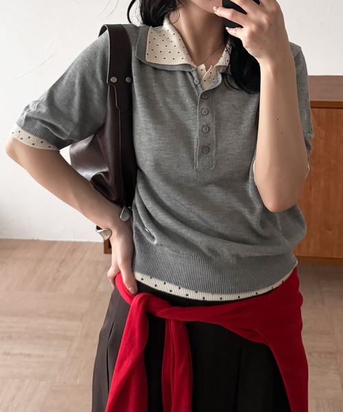 MUHET(ミュエータ)の「layered-like polo knit top / レイヤード風ポロニット(ポロシャツ・レディース・ネイビー/レッド/ブラウン/グレー・FREE)」の5枚目の写真