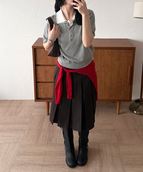 MUHET(ミュエータ)の「layered-like polo knit top / レイヤード風ポロニット(ポロシャツ・レディース・ネイビー/レッド/ブラウン/グレー・FREE)」の6枚目の写真