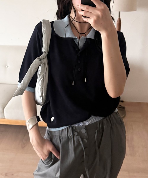 MUHET(ミュエータ)の「layered-like polo knit top / レイヤード風ポロニット(ポロシャツ・レディース・ネイビー/レッド/ブラウン/グレー・FREE)」の7枚目の写真