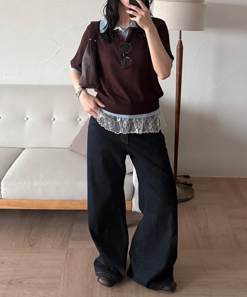 MUHET(ミュエータ)の「layered-like polo knit top / レイヤード風ポロニット(ポロシャツ・レディース・ネイビー/レッド/ブラウン/グレー・FREE)」の9枚目の写真