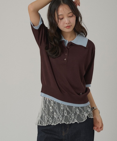 MUHET(ミュエータ)の「layered-like polo knit top / レイヤード風ポロニット(ポロシャツ・レディース・ネイビー/レッド/ブラウン/グレー・FREE)」の11枚目の写真