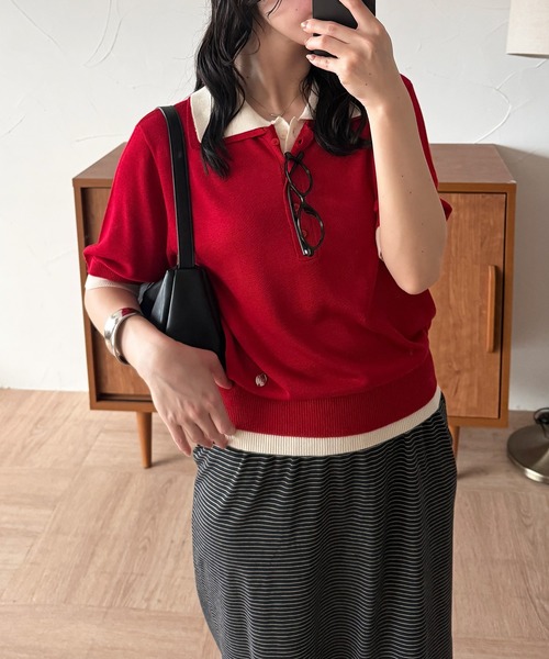 MUHET(ミュエータ)の「layered-like polo knit top / レイヤード風ポロニット(ポロシャツ・レディース・ネイビー/レッド/ブラウン/グレー・FREE)」の12枚目の写真