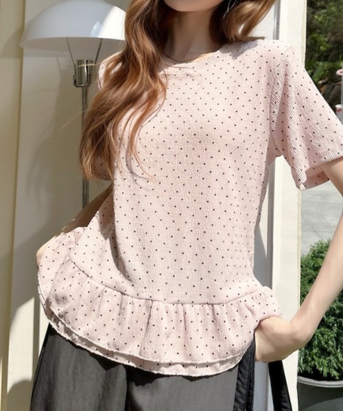 Ada.（エイダ）の「ドット柄 裾フリル 切替 フレア シルエット トップス（Tシャツ/カットソー・レディース・ピンク/ブルー/アイボリー・FREE）」の2枚目の写真