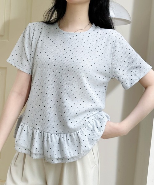 Ada.（エイダ）の「ドット柄 裾フリル 切替 フレア シルエット トップス（Tシャツ/カットソー・レディース・ピンク/ブルー/アイボリー・FREE）」の3枚目の写真
