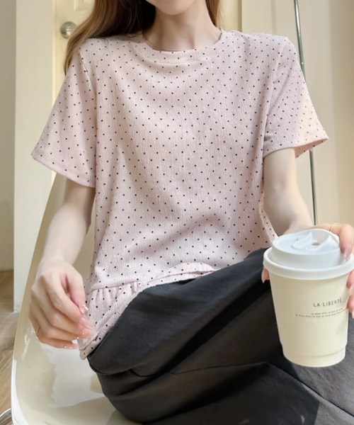 Ada.（エイダ）の「ドット柄 裾フリル 切替 フレア シルエット トップス（Tシャツ/カットソー・レディース・ピンク/ブルー/アイボリー・FREE）」の9枚目の写真