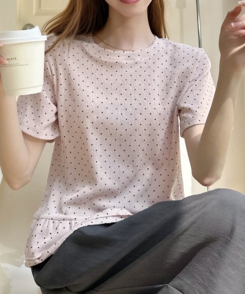 Ada.（エイダ）の「ドット柄 裾フリル 切替 フレア シルエット トップス（Tシャツ/カットソー・レディース・ピンク/ブルー/アイボリー・FREE）」の4枚目の写真