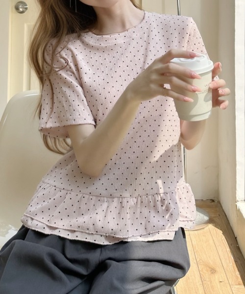 Ada.（エイダ）の「ドット柄 裾フリル 切替 フレア シルエット トップス（Tシャツ/カットソー・レディース・ピンク/ブルー/アイボリー・FREE）」の10枚目の写真