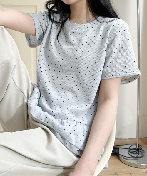 Ada.（エイダ）の「ドット柄 裾フリル 切替 フレア シルエット トップス（Tシャツ/カットソー・レディース・ピンク/ブルー/アイボリー・FREE）」の16枚目の写真