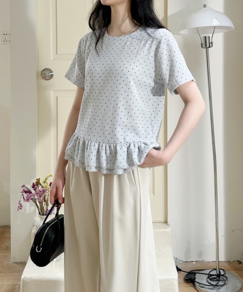 Ada.（エイダ）の「ドット柄 裾フリル 切替 フレア シルエット トップス（Tシャツ/カットソー・レディース・ピンク/ブルー/アイボリー・FREE）」の15枚目の写真
