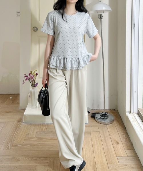 Ada.（エイダ）の「ドット柄 裾フリル 切替 フレア シルエット トップス（Tシャツ/カットソー・レディース・ピンク/ブルー/アイボリー・FREE）」の17枚目の写真