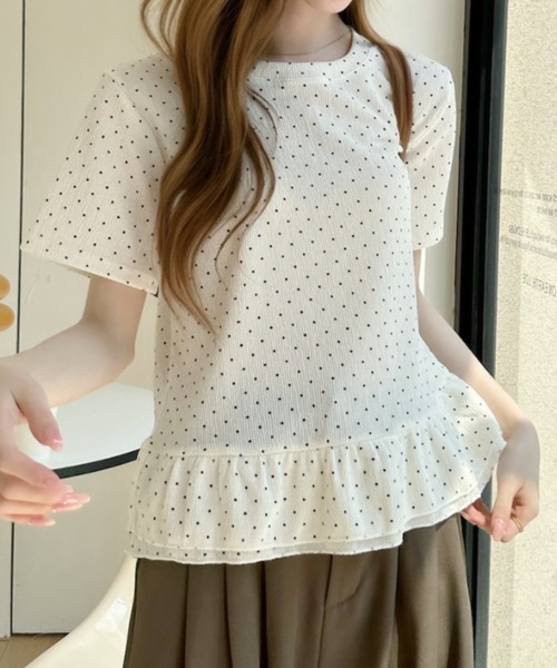 Ada.（エイダ）の「ドット柄 裾フリル 切替 フレア シルエット トップス（Tシャツ/カットソー・レディース・ピンク/ブルー/アイボリー・FREE）」の7枚目の写真