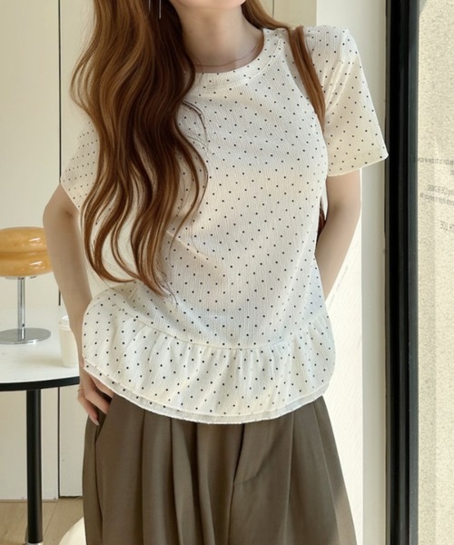 Ada.（エイダ）の「ドット柄 裾フリル 切替 フレア シルエット トップス（Tシャツ/カットソー・レディース・ピンク/ブルー/アイボリー・FREE）」の8枚目の写真
