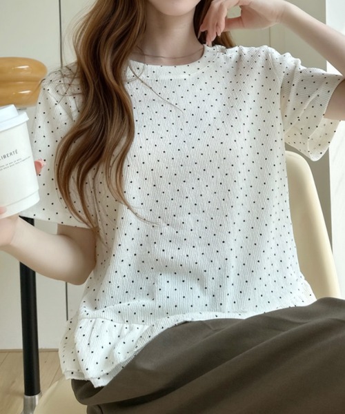 Ada.（エイダ）の「ドット柄 裾フリル 切替 フレア シルエット トップス（Tシャツ/カットソー・レディース・ピンク/ブルー/アイボリー・FREE）」の13枚目の写真