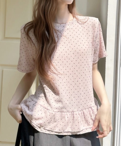 Ada.（エイダ）の「ドット柄 裾フリル 切替 フレア シルエット トップス（Tシャツ/カットソー・レディース・ピンク/ブルー/アイボリー・FREE）」の5枚目の写真