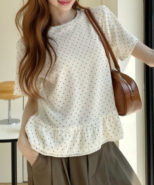 Ada.（エイダ）の「ドット柄 裾フリル 切替 フレア シルエット トップス（Tシャツ/カットソー・レディース・ピンク/ブルー/アイボリー・FREE）」の21枚目の写真