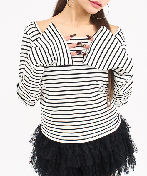 ANAP(アナップ)の「フレアスリーブスクエア ロングスリーブトップス(Tシャツ/カットソー・レディース・ホワイト/ブラック/クリア/ホワイト×ブラック・F)」の2枚目の写真