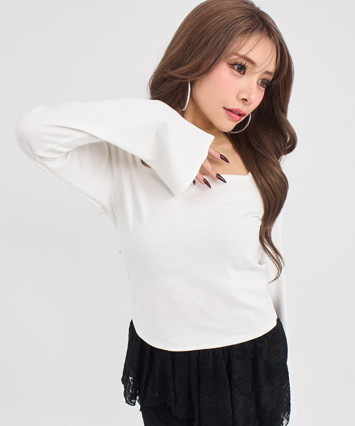 ANAP(アナップ)の「フレアスリーブスクエア ロングスリーブトップス(Tシャツ/カットソー・レディース・ホワイト/ブラック/クリア/ホワイト×ブラック・F)」の11枚目の写真