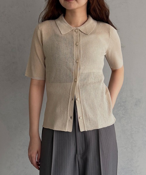 &g'aime(アンジェム)の「【&g'aime 】シアーミックスポロニット Sheer Block Mixed Polo Knit(Tシャツ/カットソー・レディース・ネイビー/アイボリー/ブラック・FREE)」の2枚目の写真