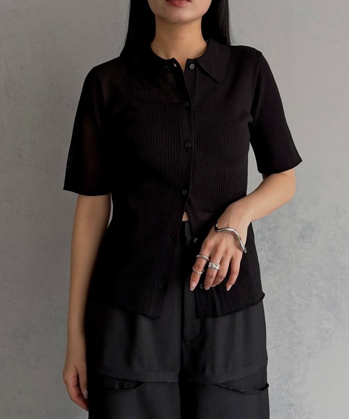 &g'aime(アンジェム)の「【&g'aime 】シアーミックスポロニット Sheer Block Mixed Polo Knit(Tシャツ/カットソー・レディース・ネイビー/アイボリー/ブラック・FREE)」の3枚目の写真