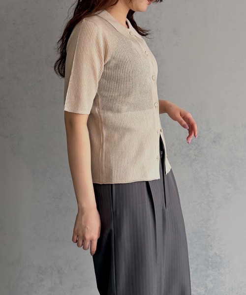 &g'aime(アンジェム)の「【&g'aime 】シアーミックスポロニット Sheer Block Mixed Polo Knit(Tシャツ/カットソー・レディース・ネイビー/アイボリー/ブラック・FREE)」の9枚目の写真