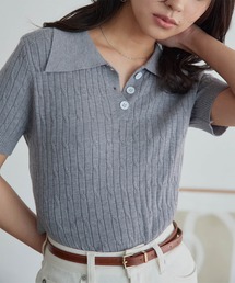 ケーブル編み半袖ポロニットトップス
