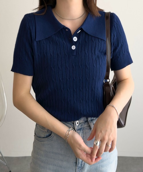 KOBE LETTUCE（コウベレタス）の「ケーブル編み半袖ポロニットトップス（ニット/セーター・レディース・パープル/ネイビー/オフホワイト/グレー・M）」の14枚目の写真