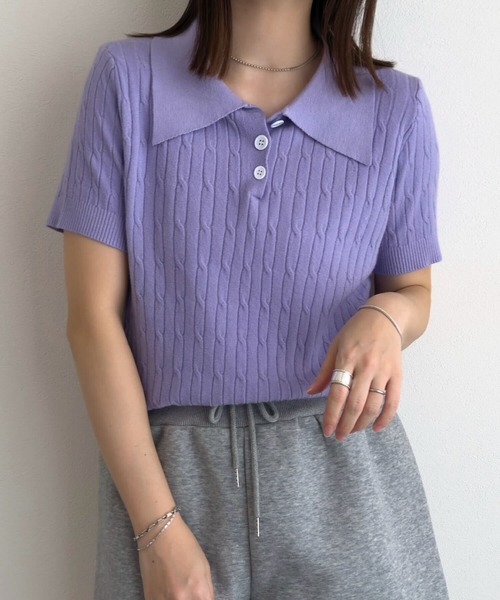 KOBE LETTUCE（コウベレタス）の「ケーブル編み半袖ポロニットトップス（ニット/セーター・レディース・パープル/ネイビー/オフホワイト/グレー・M）」の17枚目の写真