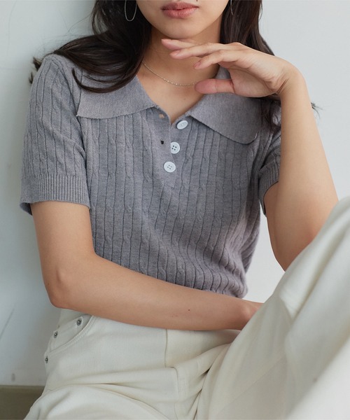 KOBE LETTUCE（コウベレタス）の「ケーブル編み半袖ポロニットトップス（ニット/セーター・レディース・パープル/ネイビー/オフホワイト/グレー・M）」の13枚目の写真
