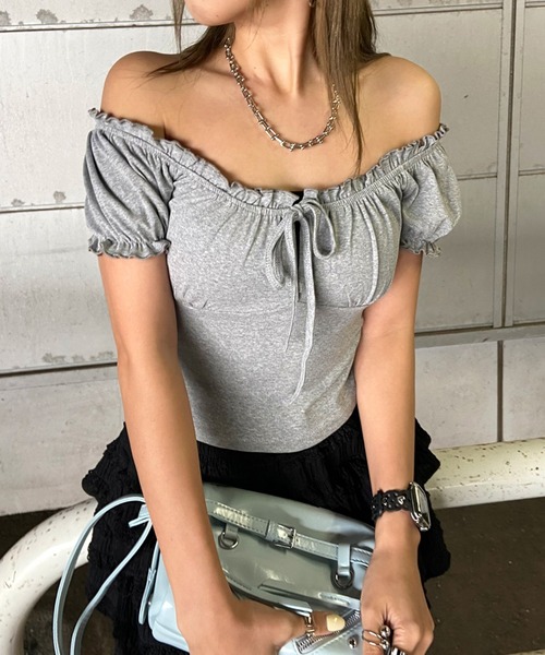 non-hedge(ノンヘッジ)の「フロントリボン2WAYオフショルダートップス(Tシャツ/カットソー・レディース・ブラック/グレー/オフホワイト・FREE)」の10枚目の写真