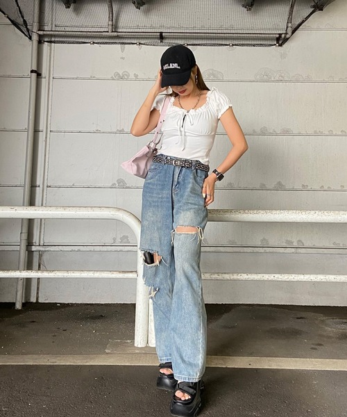 non-hedge(ノンヘッジ)の「フロントリボン2WAYオフショルダートップス(Tシャツ/カットソー・レディース・ブラック/グレー/オフホワイト・FREE)」の4枚目の写真