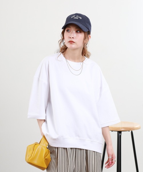 FUNALIVE(ファンアライブ)の「USAコットンミニ裏毛半袖トレーナー(Tシャツ/カットソー・レディース・ネイビー×ホワイト/ホワイト・F)」の3枚目の写真