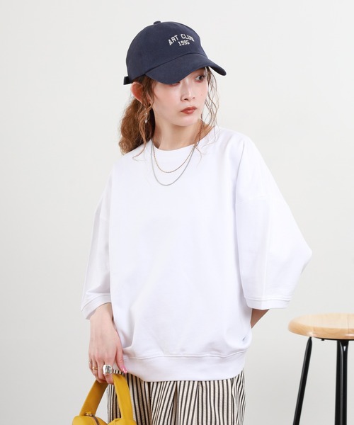 FUNALIVE(ファンアライブ)の「USAコットンミニ裏毛半袖トレーナー(Tシャツ/カットソー・レディース・ネイビー×ホワイト/ホワイト・F)」の4枚目の写真