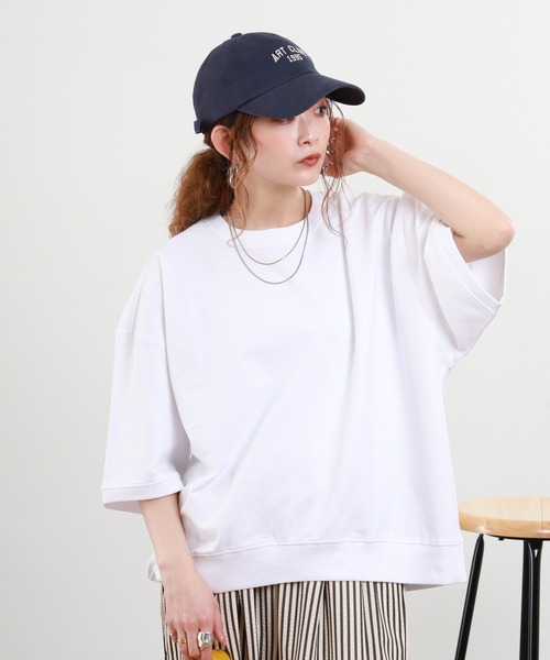 FUNALIVE(ファンアライブ)の「USAコットンミニ裏毛半袖トレーナー(Tシャツ/カットソー・レディース・ネイビー×ホワイト/ホワイト・F)」の5枚目の写真