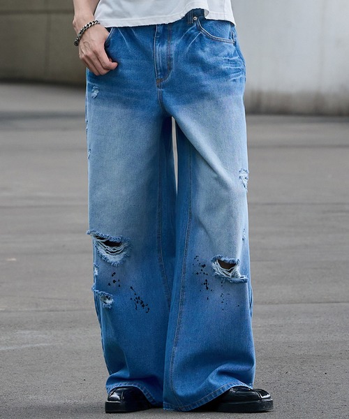 LANDNESS(ランドネス)の「【LANDNESS/ランドネス】VINTAGE DISTRESSED WIDE DENIM PANTS/ヴィンテージディストレストワイドデニムパンツ(デニムパンツ・メンズ・インディゴブルー・S/M/L)」の1枚目の写真