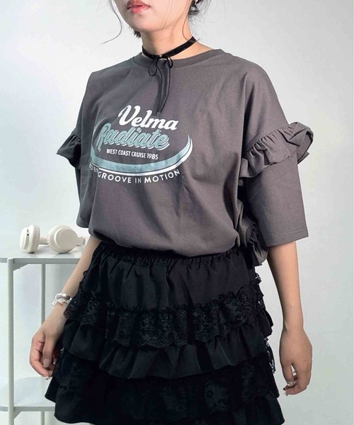 AS KNOW AS plus（アズノゥアズプラス）の「○袖フリルとロゴデザイン ビッグサイズT（Tシャツ/カットソー・レディース・ブラック/チャコールグレー/オフホワイト・FREE）」の21枚目の写真