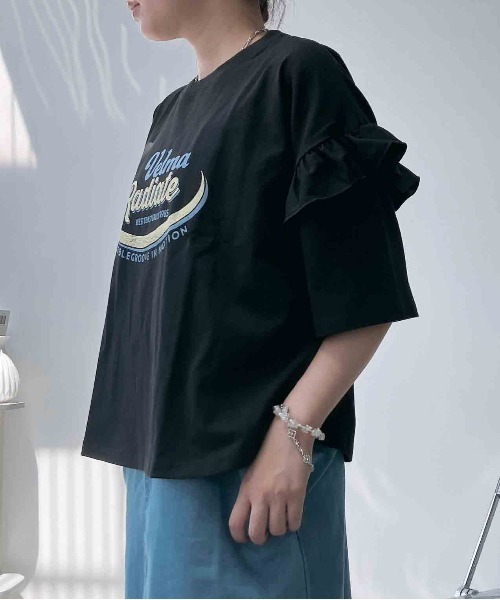 AS KNOW AS plus（アズノゥアズプラス）の「○袖フリルとロゴデザイン ビッグサイズT（Tシャツ/カットソー・レディース・ブラック/チャコールグレー/オフホワイト・FREE）」の9枚目の写真