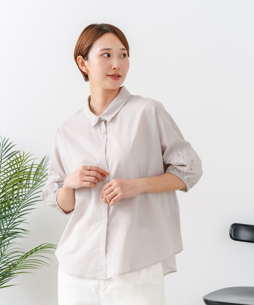 fort point(フォーポイント)の「【C-FORTPOINT/フォートポイント】【上品 高見え刺繍】袖刺繍ブラウス 綿100% 花模様 大人可愛い きれいめ 通勤 お出かけ(シャツ/ブラウス・レディース・ブラック/グレー/オフホワイト/ピンク/グリーン・FREE)」の6枚目の写真