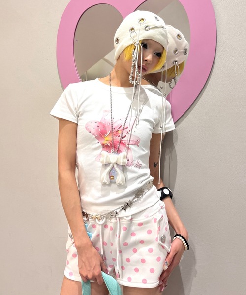 Never mind the XU(ネバーマインドザエックスユー)の「【Never mind the XU】dot sweat shorts / 【ネバーマインド ザ エックスユー】ドットスウェットマイクロショートパンツ(スウェットパンツ・レディース・グレー/ピンク・L)」の7枚目の写真