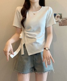 不規則デザイントップス ウエストリボン付き ノースリーブ