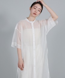 【Et】Half-sleeve Band Collar Sheer Shirt Onepiece
