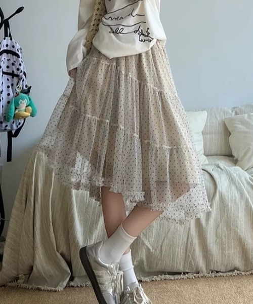 Teem Store(チームストア)の「ドット柄チュールフリルティアードスカート ミディアム(スカート・レディース・ベージュ・S/M)」の7枚目の写真