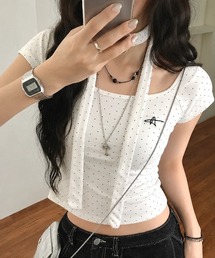 ストール付きドットワイドネックコンパクトTシャツ