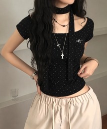 ストール付きドットワイドネックコンパクトTシャツ