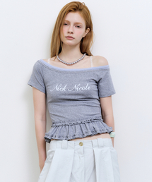 OFF-SHOULDER FRILL CROP TOP_GRAY